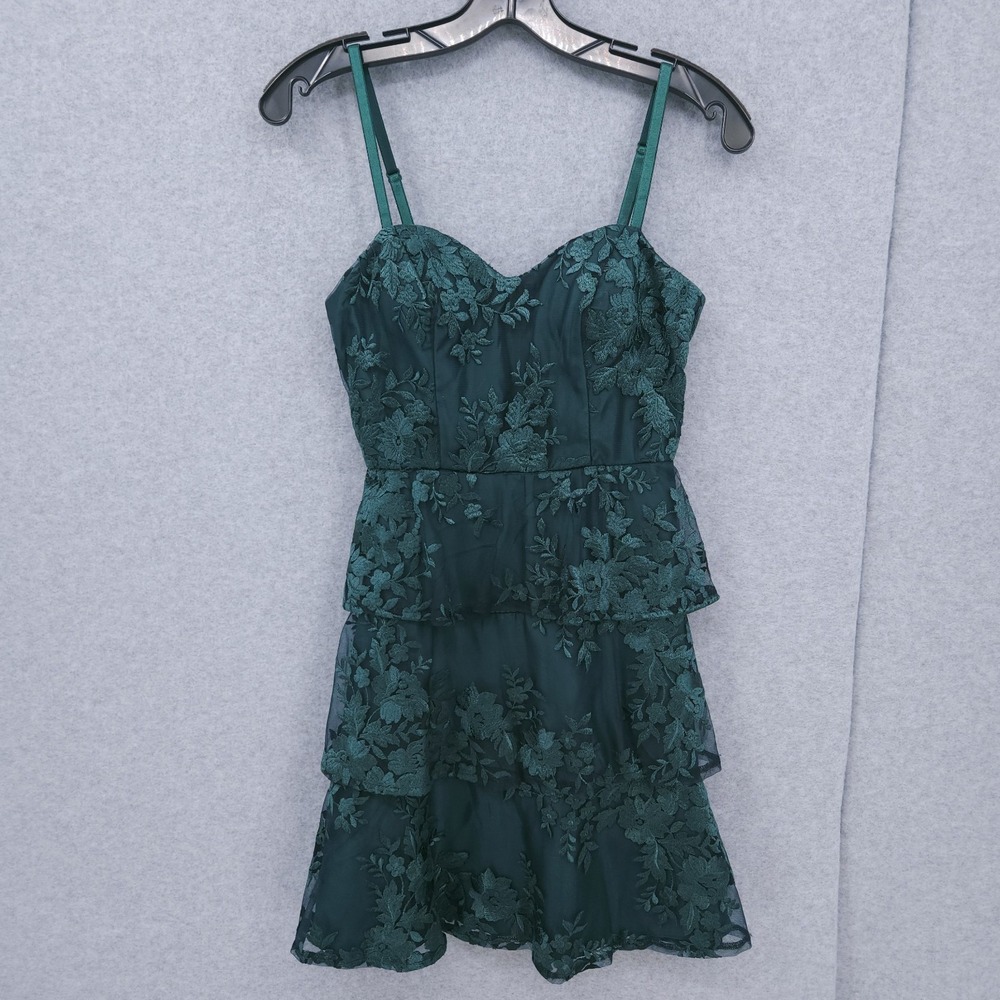 BCX Tiered Mesh Floral Green Mini A Line Strappy Dress Juniors Size 1